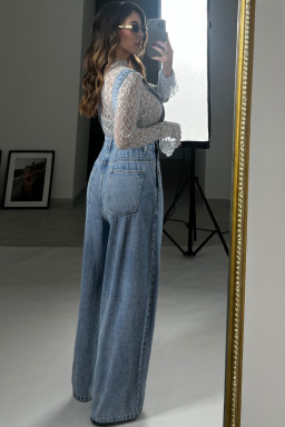 Dusk Blue Pleated Wide Leg Retro Pocketed Denim Jumpsuit