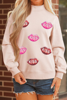 Apricot Pink Mock Neck Sequin KISS Lips Patched Oversize Sweatshirt