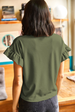 Jungle Green Solid Color Ribbed Ruffled Short Sleeve T Shirt