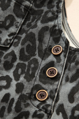 Gray Leopard Print Button Adjustable Straps Cropped Loose Denim Overalls