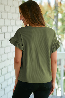 Jungle Green Solid Color Ribbed Ruffled Short Sleeve T Shirt