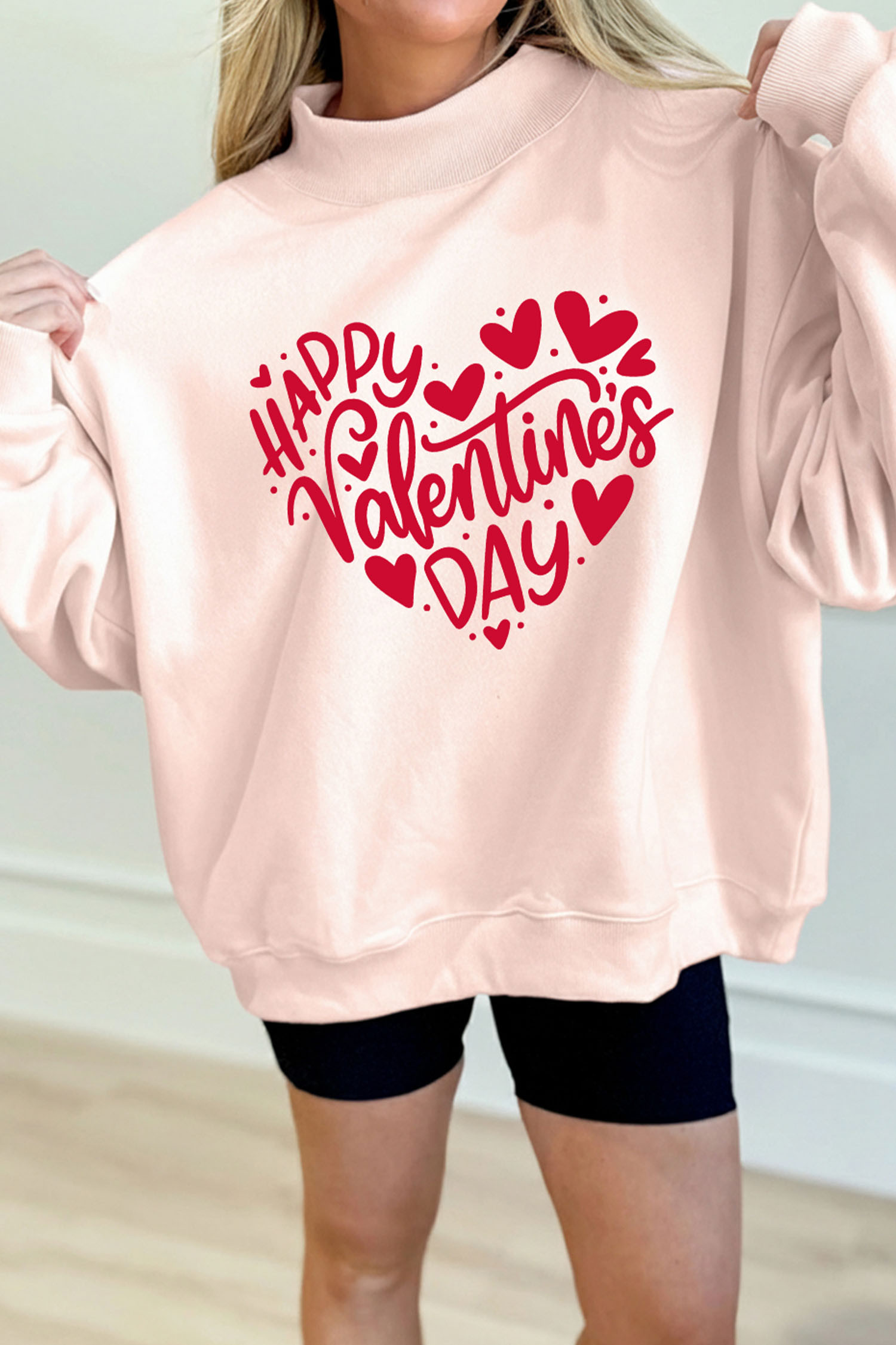Apricot Pink HAPPY VALENTINES DAY Heart-shaped Graphic Mock Neck Sweatshirt