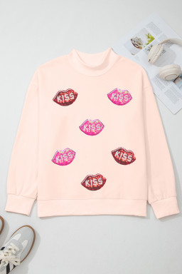 Apricot Pink Mock Neck Sequin KISS Lips Patched Oversize Sweatshirt