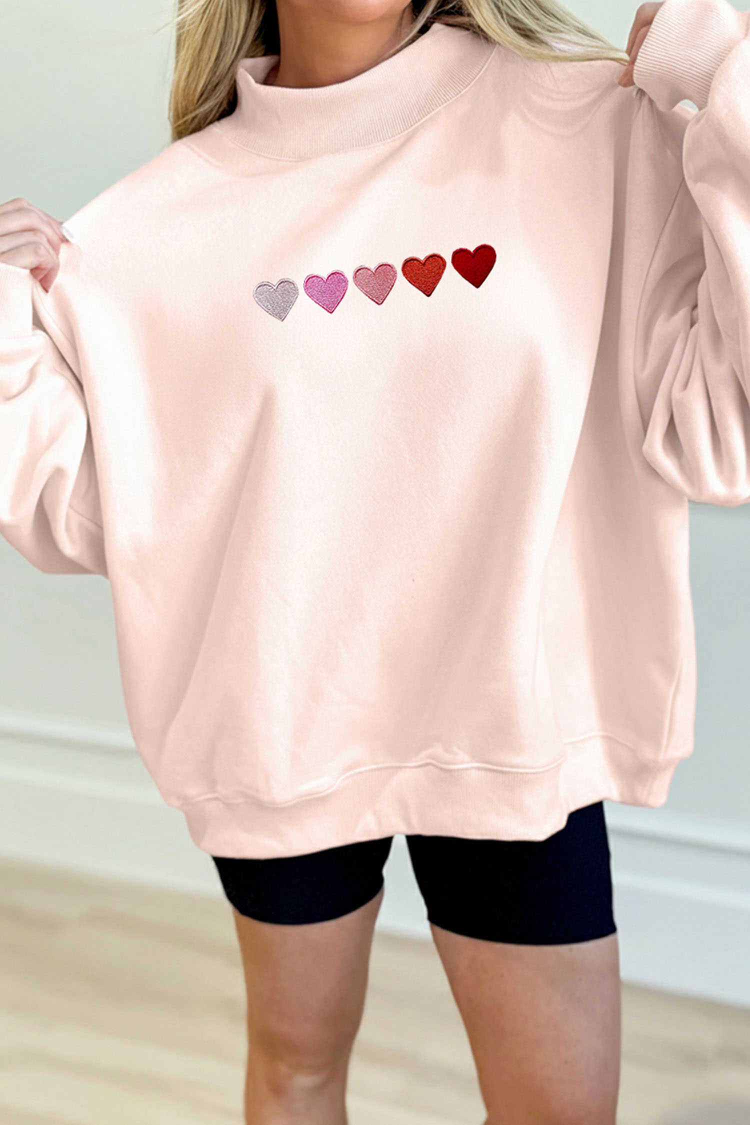 Apricot Pink A Line of Embroidered Hearts Graphic Mock Neck Sweatshirt