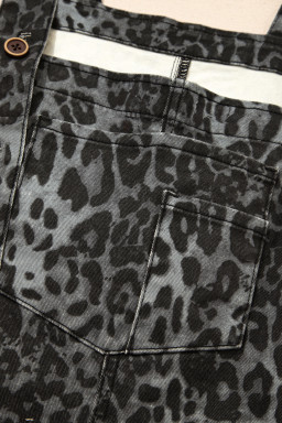 Gray Leopard Print Button Adjustable Straps Cropped Loose Denim Overalls