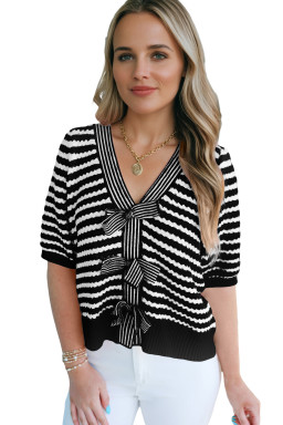 Black Stripe Short Sleeve Knit V Neck Bow Knot Sweater