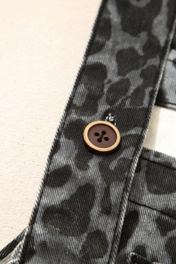 Gray Leopard Print Button Adjustable Straps Cropped Loose Denim Overalls