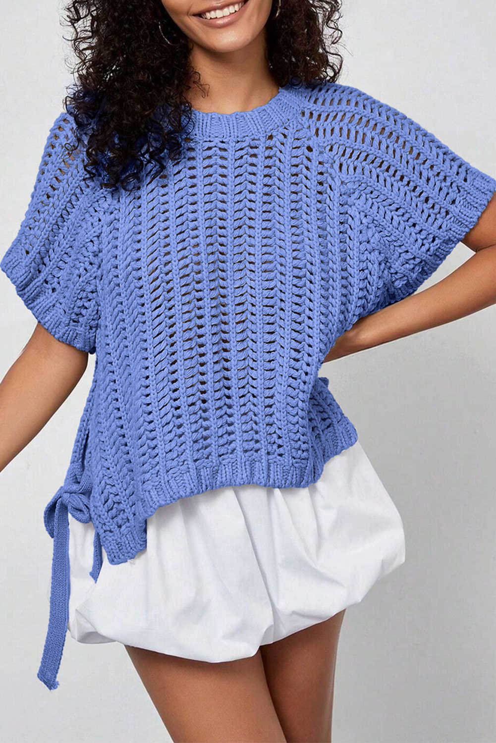 Ashleigh Blue Plus Size Open Knit Bow Tie Short Sleeve Sweater