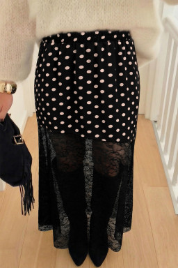 Black Asymmetric Polka Dot Print Sheer Lace Patchwork Maxi Skirt
