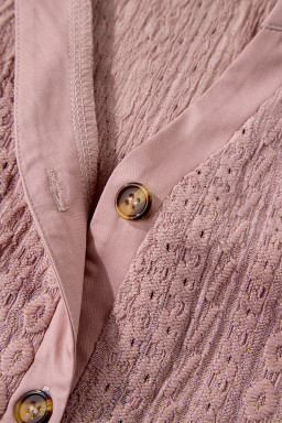 Fushia Textured Embroidered Half Buttons Short Sleeve Blouse