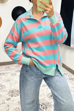 Pink Stripe Colorblock Drop Shoulder Buttoned Collar Side Slit Pullover Top