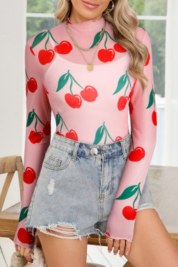 Pink Cherry Print Lettuce Trim Long Sleeve Mesh Top