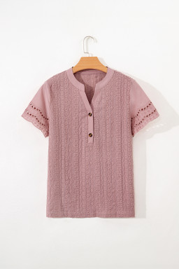 Fushia Textured Embroidered Half Buttons Short Sleeve Blouse