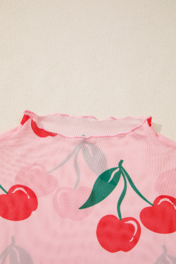 Pink Cherry Print Lettuce Trim Long Sleeve Mesh Top