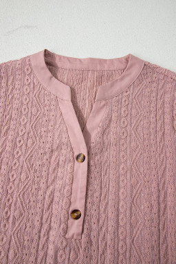 Fushia Textured Embroidered Half Buttons Short Sleeve Blouse