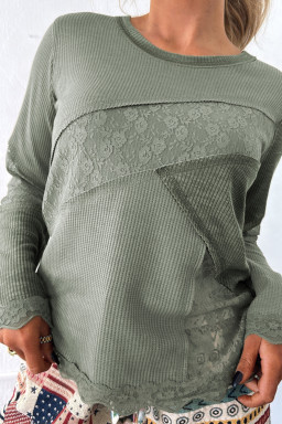 Sage Green Solid Color Waffle Ribbed Lace Patchwork Long Sleeve Top