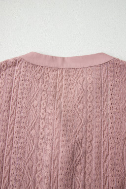 Fushia Textured Embroidered Half Buttons Short Sleeve Blouse