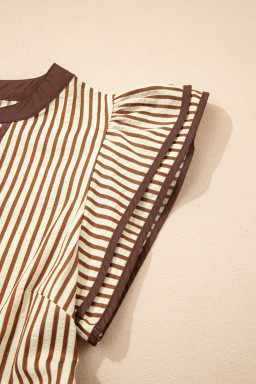Brown Stripe Double Ruffled Short Sleeve Contrast Trim V Neck Midi Dress