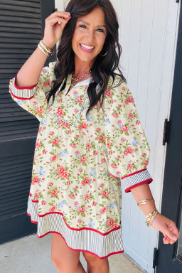 Apricot Striped Edge 3/4 Puff Sleeve Floral Dress