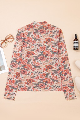 White Retro Floral Print Mock Neck Mesh Long Sleeve Top