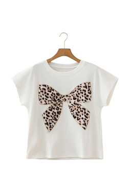 White Leopard Bow Embroidered Cotton Round Neck T Shirt