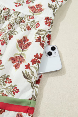 Pink Floral Print Contrast Trim Frilled Neck Long Sleeve Flared Dress