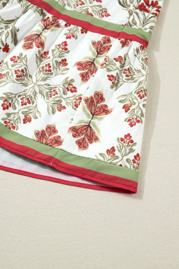 Pink Floral Print Contrast Trim Frilled Neck Long Sleeve Flared Dress