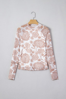 Brown Thumbhole Long Sleeve Floral Print Mesh Top