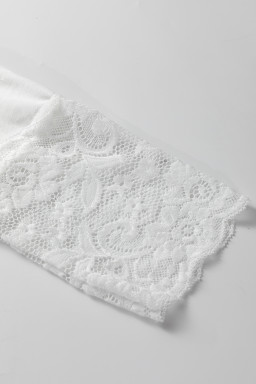 White Lace Trim V Neck Cuffed Long Sleeve Loose Top