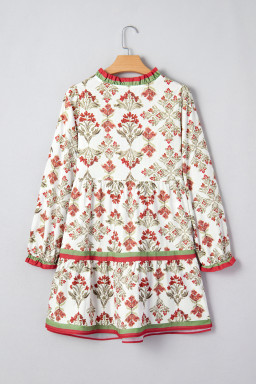 Pink Floral Print Contrast Trim Frilled Neck Long Sleeve Flared Dress