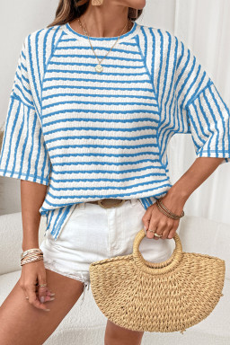 Sky Blue Stripe Textured Knit Split Hem Half Sleeve Loose Top
