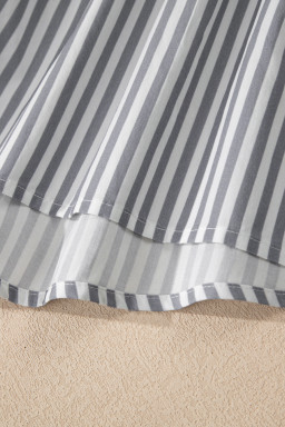 Gray Stripe Half Button Gauze Patchwork Bracelet Sleeve Babydoll Blouse