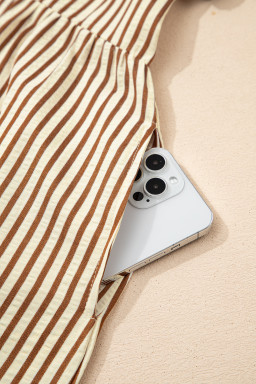 Brown Stripe Double Ruffled Short Sleeve Contrast Trim V Neck Midi Dress