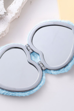 Light Blue Heart Shape Double Sides Fluffy Cute Mini Cosmetic Mirror
