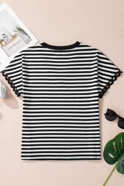 Black Striped Print V Neck Delicate Trim Casual Tee