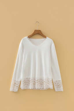 White Lace Trim V Neck Cuffed Long Sleeve Loose Top