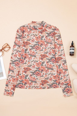 White Retro Floral Print Mock Neck Mesh Long Sleeve Top
