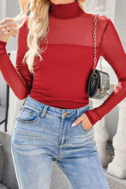Fiery Red Sheer Mesh Patchwork High Neck Long Sleeve Top