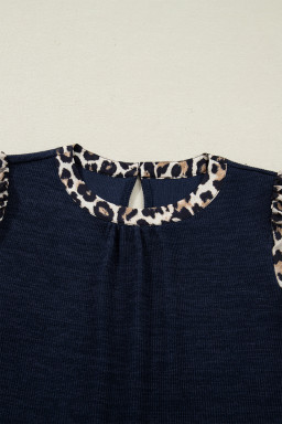 Navy Blue Ribbed Contrast Leopard Patchwork Short Sleeve Top