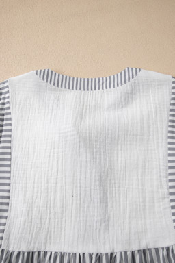 Gray Stripe Half Button Gauze Patchwork Bracelet Sleeve Babydoll Blouse