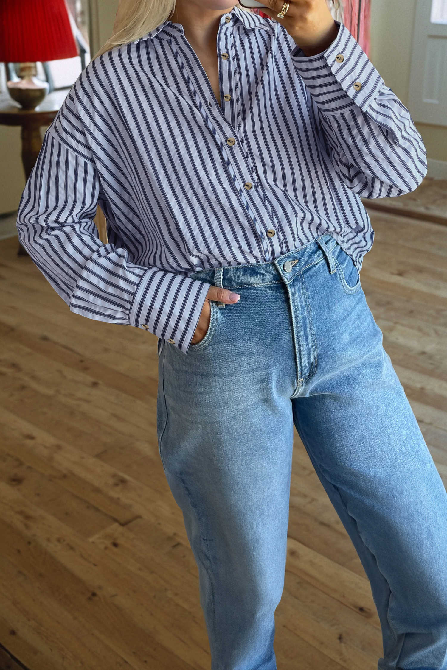Blue Stripe Button Down Long Sleeve Loose Shirt