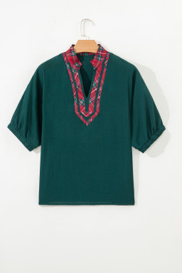 Evergreen Contrast Plaid Patchwork V Neck Half Sleeve Blouse