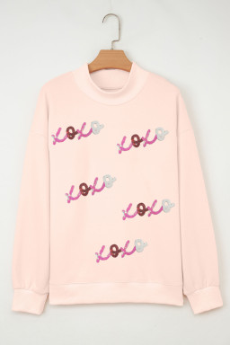 Apricot Pink Sequin xoxo Patched Mock Neck Oversize Sweatshirt