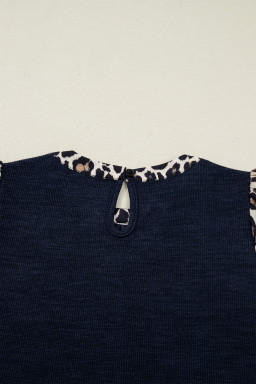 Navy Blue Ribbed Contrast Leopard Patchwork Short Sleeve Top
