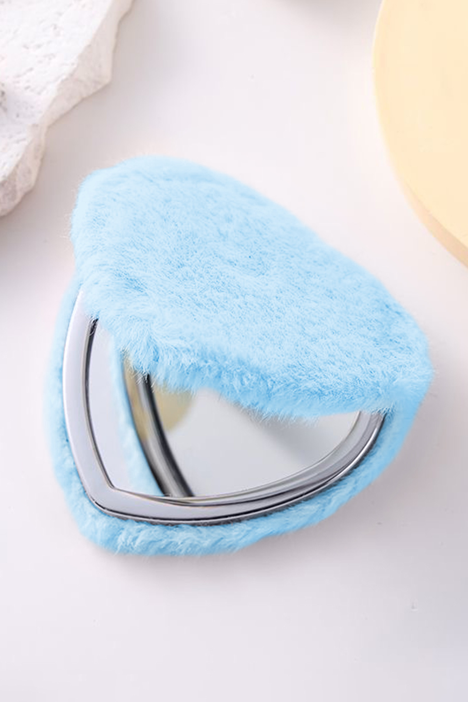 Light Blue Heart Shape Double Sides Fluffy Cute Mini Cosmetic Mirror