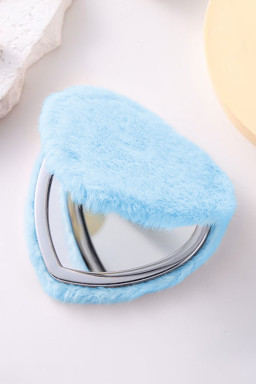 Light Blue Heart Shape Double Sides Fluffy Cute Mini Cosmetic Mirror