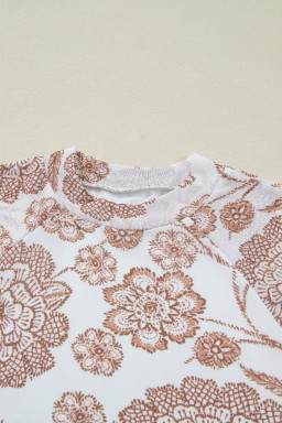 Brown Thumbhole Long Sleeve Floral Print Mesh Top