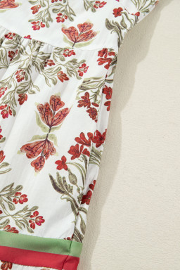 Pink Floral Print Contrast Trim Frilled Neck Long Sleeve Flared Dress