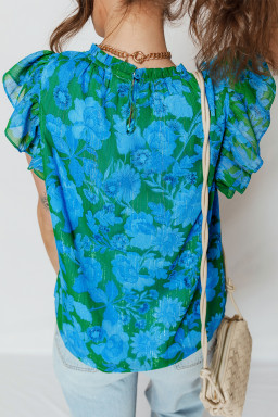 Green Floral Print Ruffled Sleeve Summer Blouse