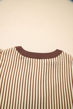 Brown Stripe Double Ruffled Short Sleeve Contrast Trim V Neck Midi Dress